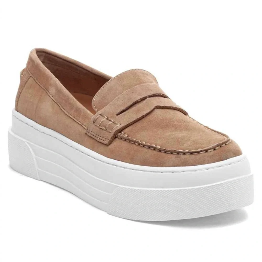 J/Slides AVA platform penny loafers in a light sand suede